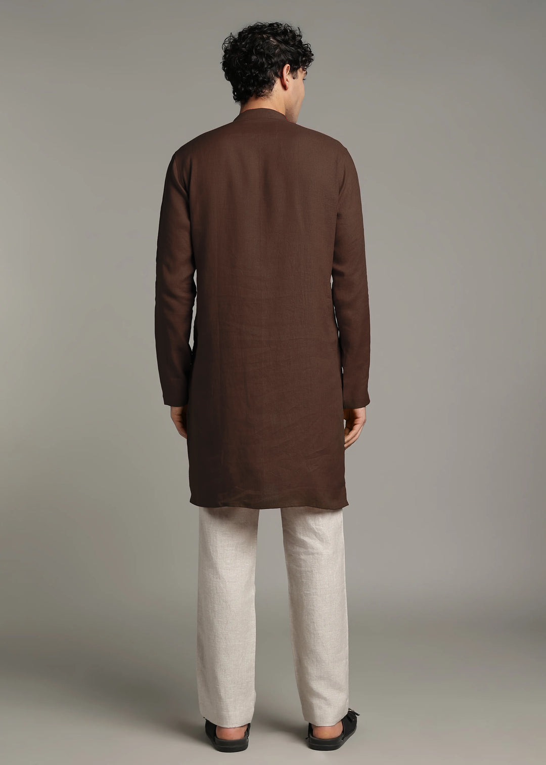 Vansh - Pure Linen Regular Kurta with Printed Placket detail - Coffee Brown