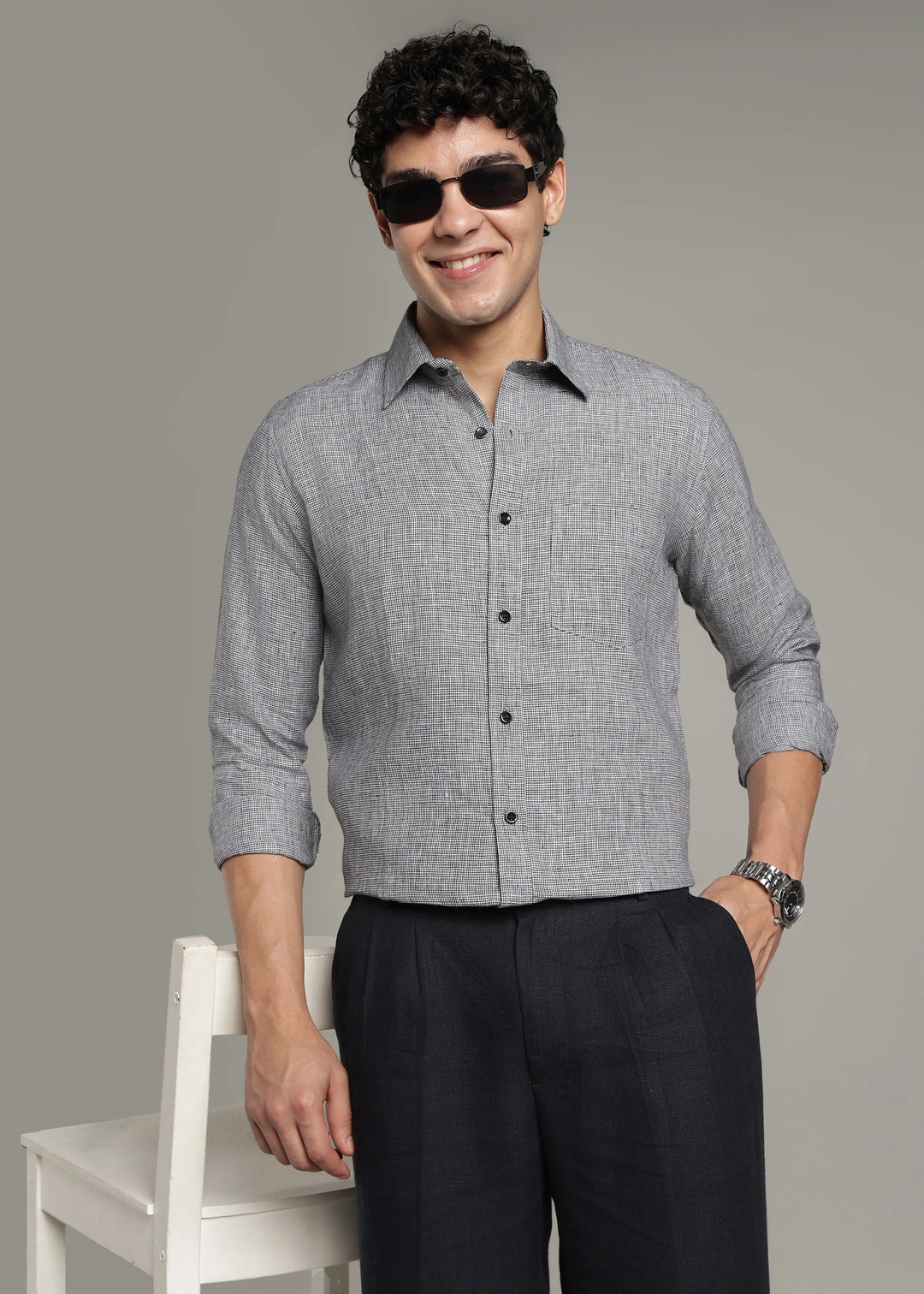 Harvey - Pure Linen Full Sleeve Shirt - Black Houndstooth