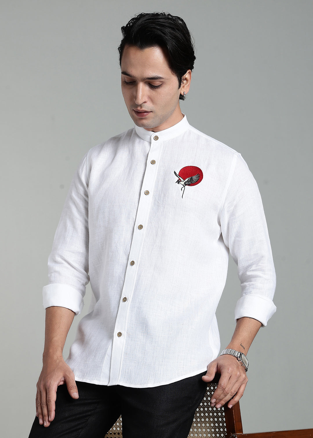 Asahi - Pure Linen Full Sleeve Mandarin Collar Embroidered Shirt - White