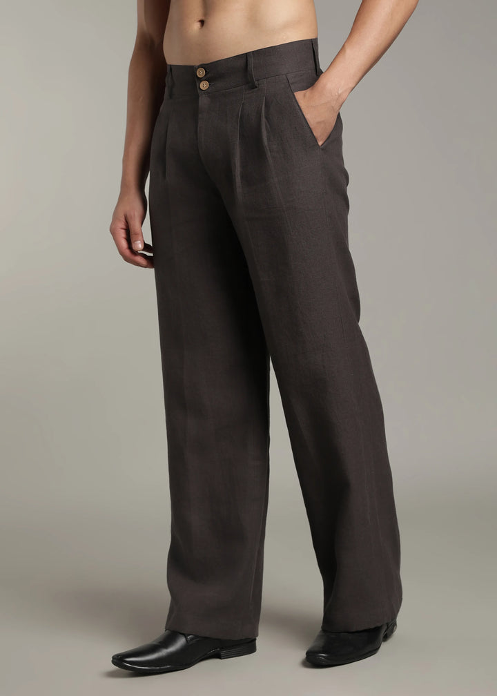 Ashford - Pure Linen Double Pleated High Waisted Trousers - Fossil Grey