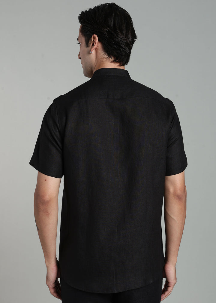 Mavro - Pure Linen Half Sleeve Shirt with Button Detail – Black