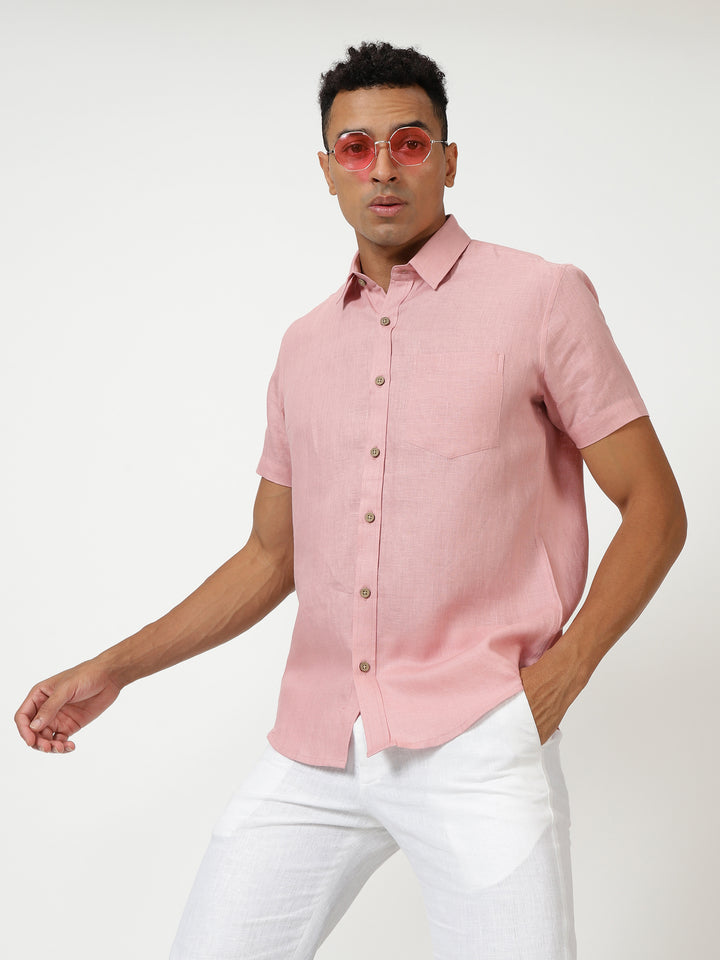 Harvey - Pure Linen Half Sleeve Shirt - Salmon Pink