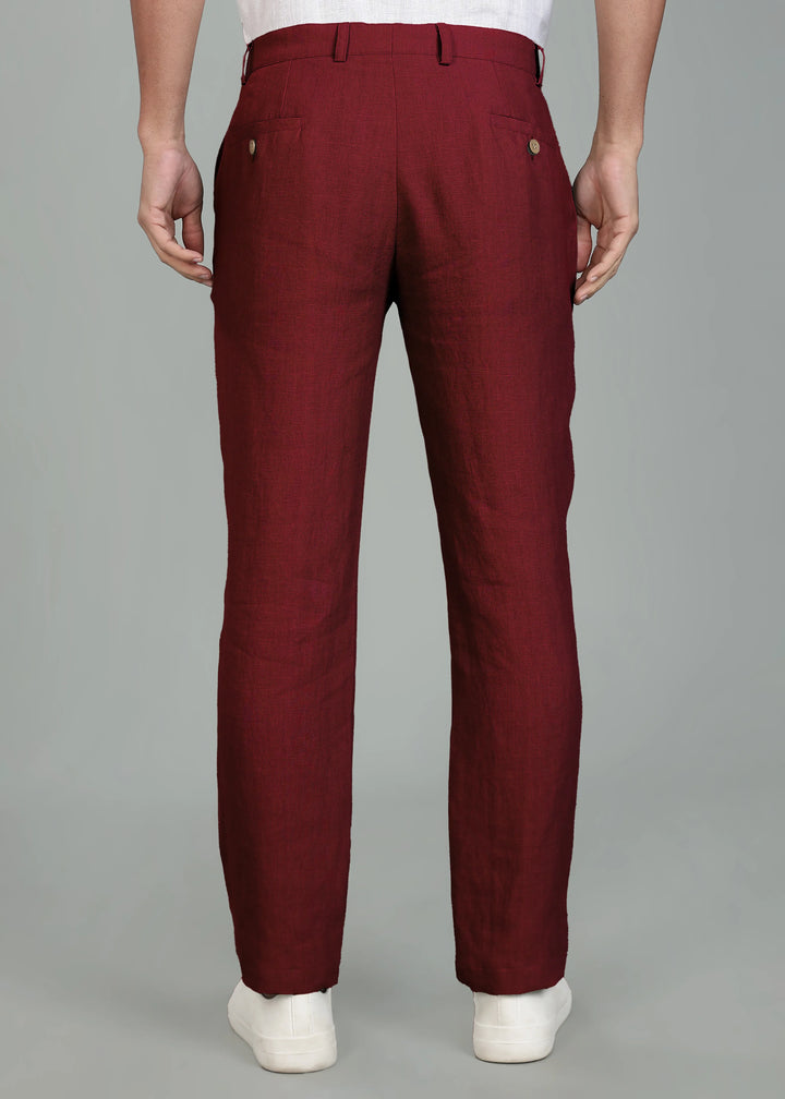 Ian Pure Linen Trousers - Dark Maroon