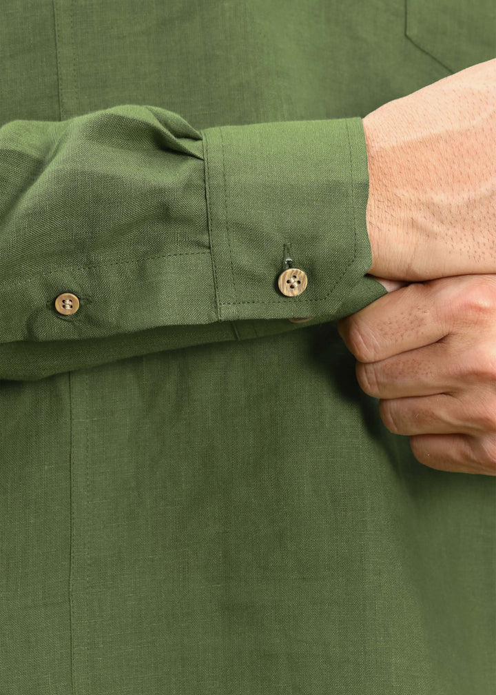 Trevor - Half Placket Pure Linen Full Sleeve Shirt - Cossack Green