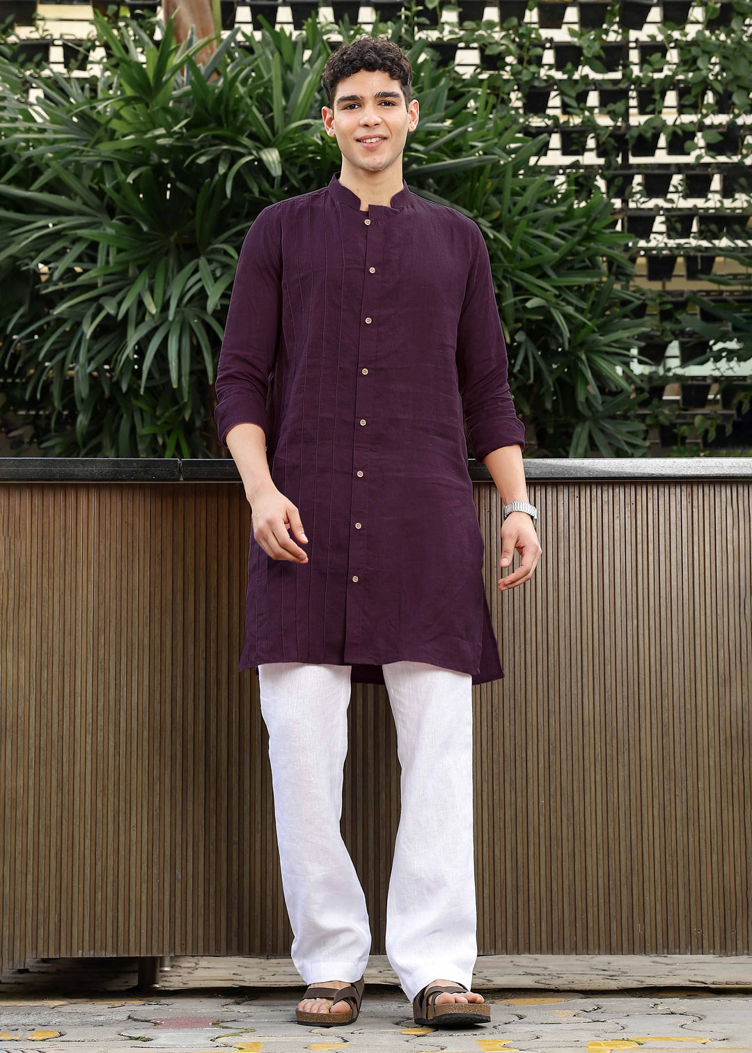Ryan - Full Sleeve Band Collar Pure Linen Kurta with Pintuck Detailing - Dark Purple
