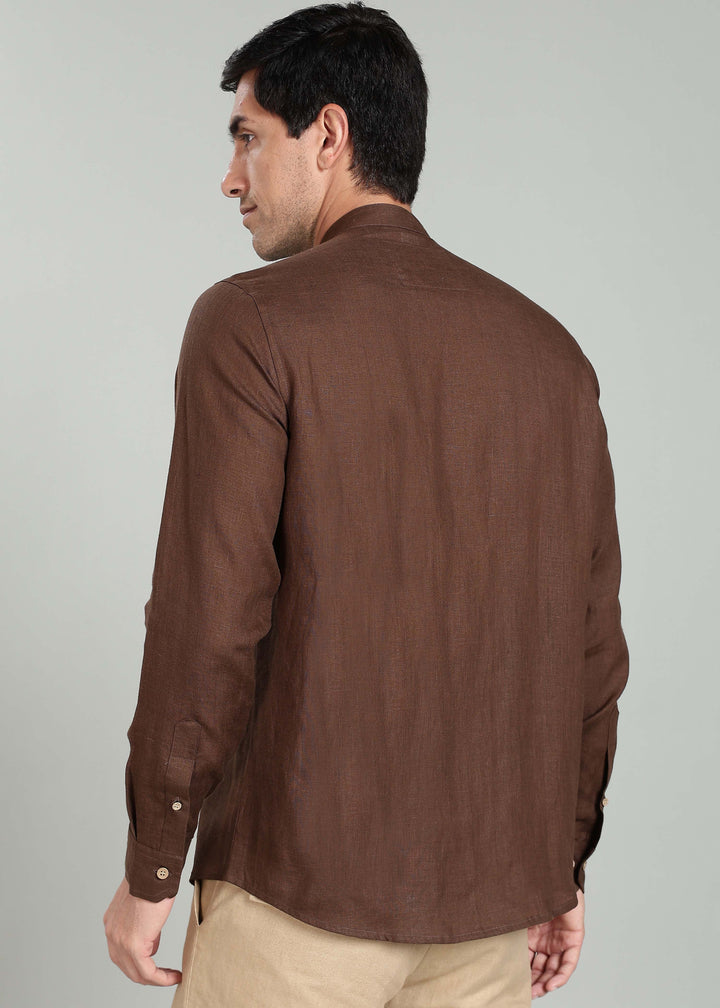 Floyd Shirt - Pure Linen Mandarin Collar Shirt - Coffee Brown