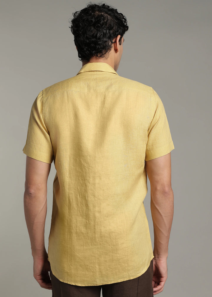 Hand-Painted Chethi - Pure Linen Half Sleeve Shirt - Sunburst Yellow