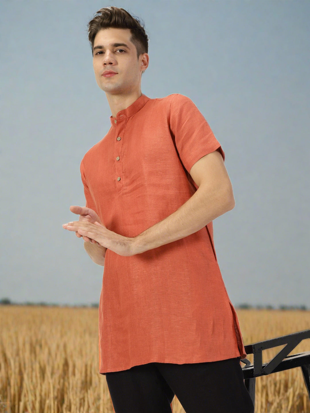 Ashok - Half Sleeve Mandarin Collar Pure Linen Short Kurta - Saffron Red