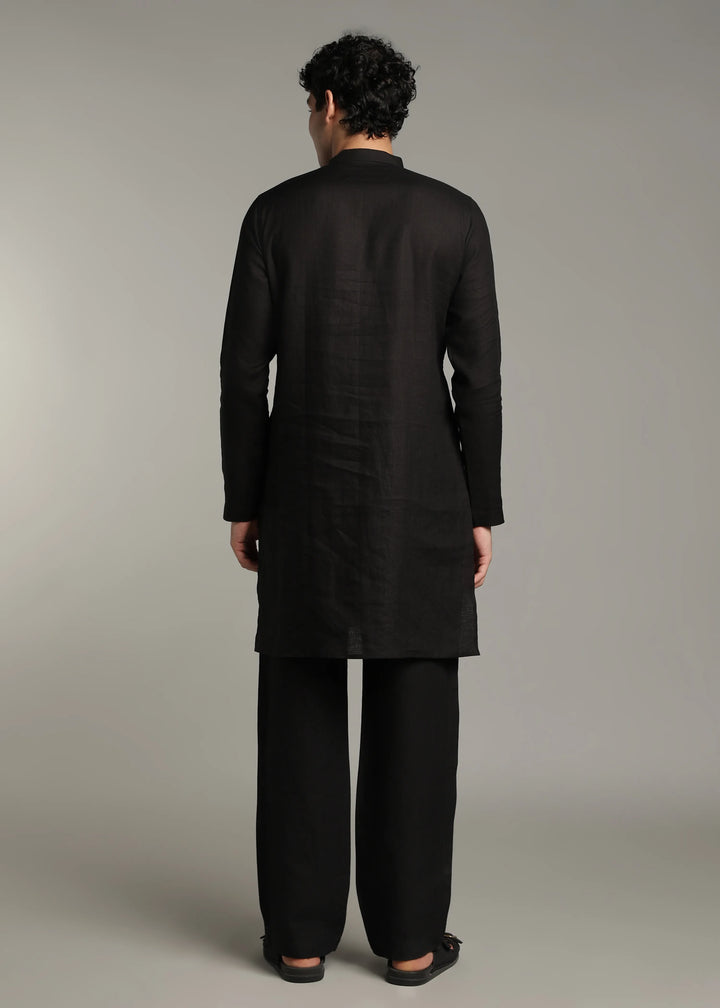 Aaina - Pure Linen Mirror Embroidered Regular Kurta - Black