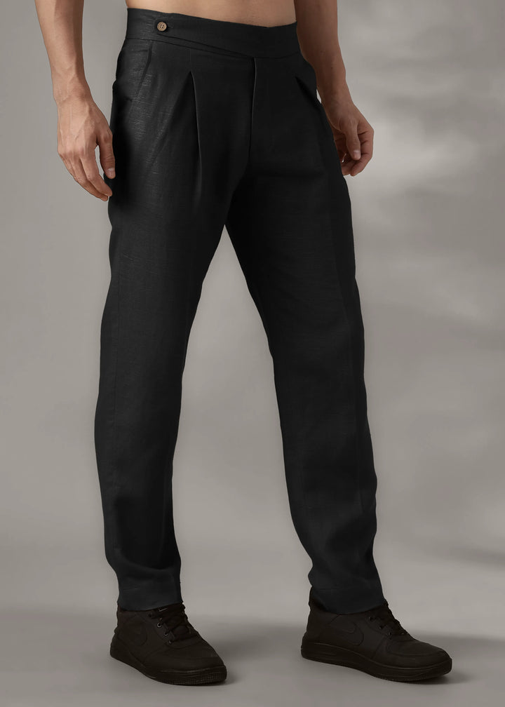 Foster - Pure Linen Trousers with Stylised Waistband - Black