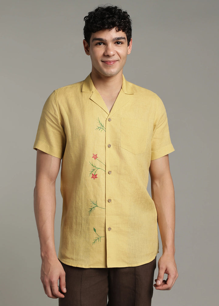 Hand-Painted Chethi - Pure Linen Half Sleeve Shirt - Sunburst Yellow