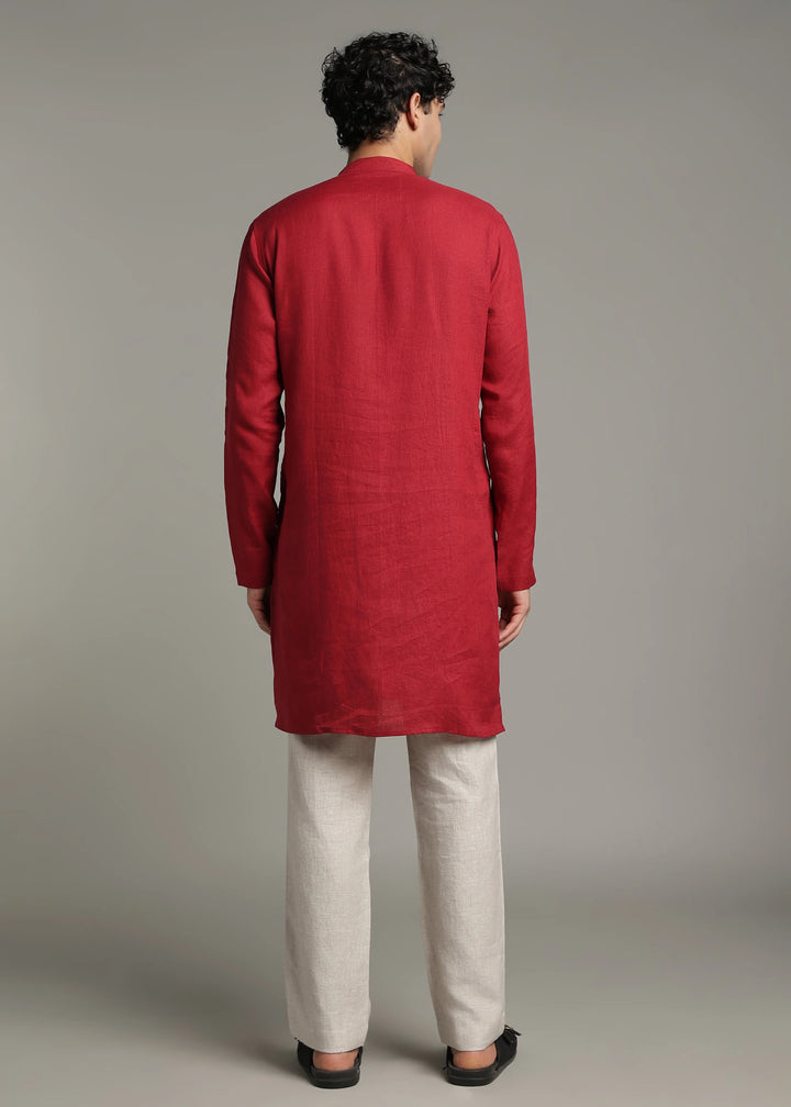 Vansh - Pure Linen Regular Kurta with Printed Placket detail - Mud Red