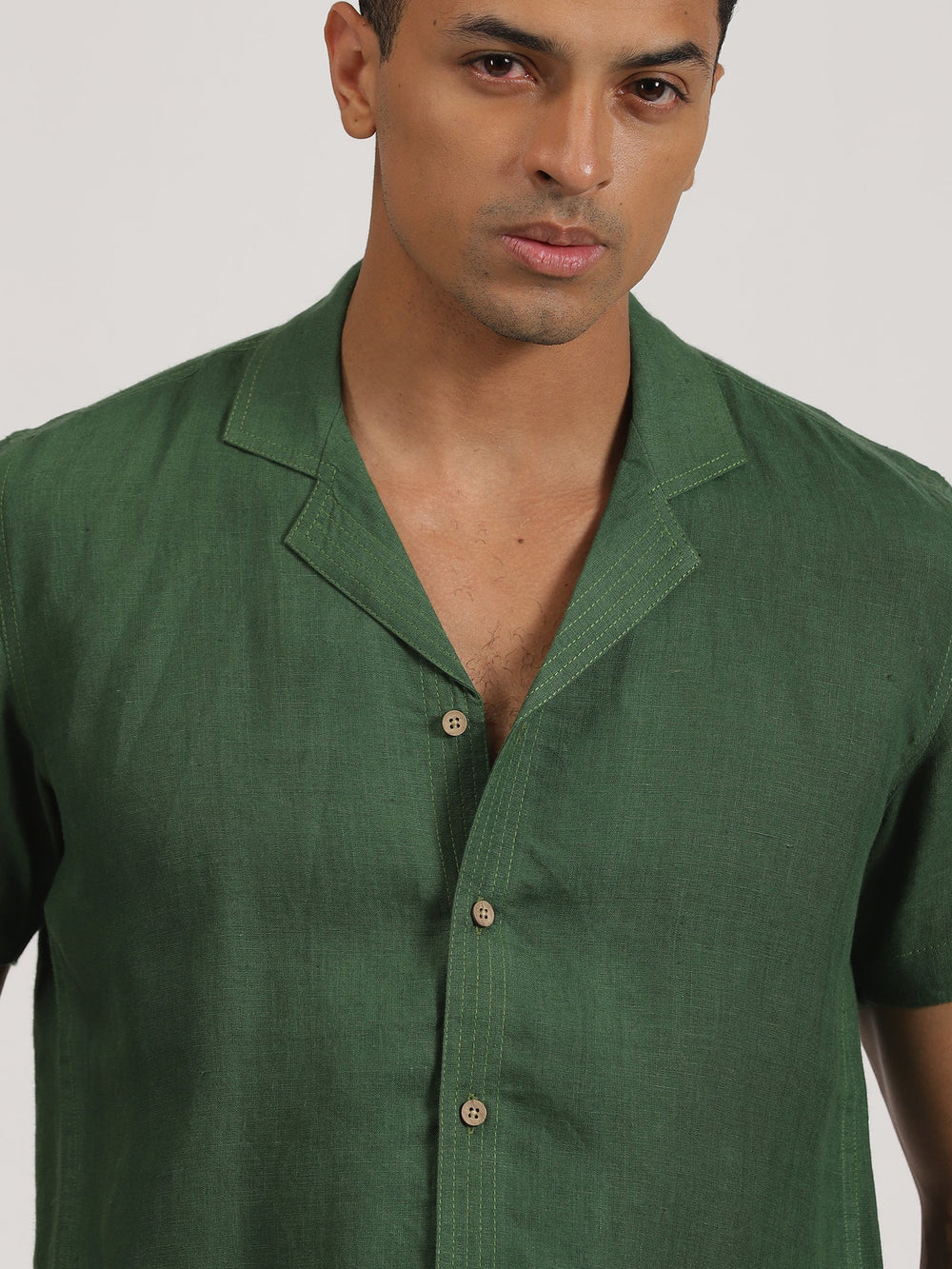 Earl - Pure Linen Half Sleeve Shirt With Stitch Details - Dark Green | Rescue