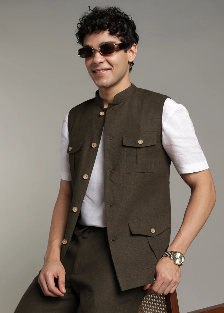 Safar - Multi Pocket Pure Linen Nehru Jacket - Camo Green
