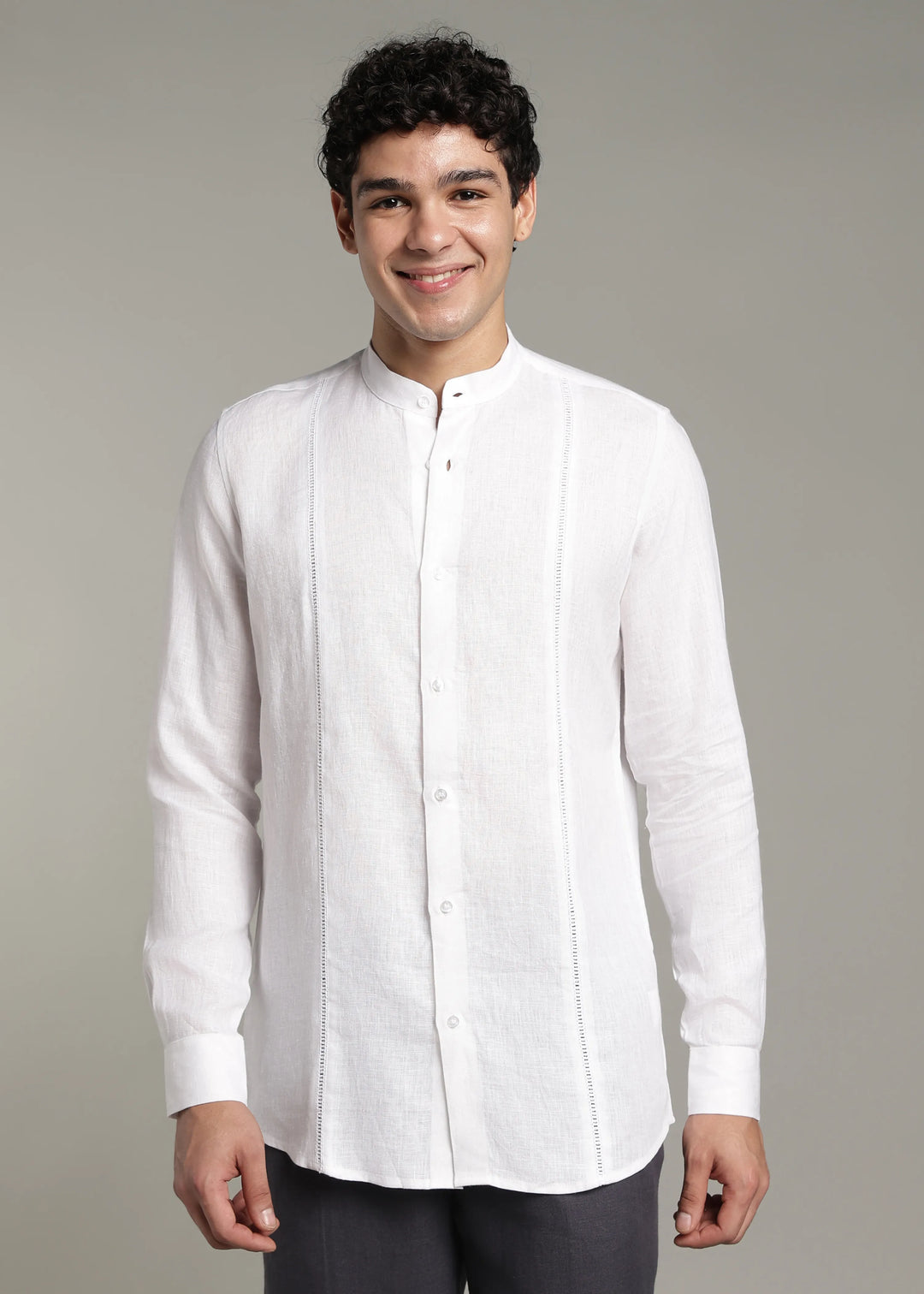 Zephr - Pure Linen Mandarin Collar Lace Detail Full Sleeve Shirt - White