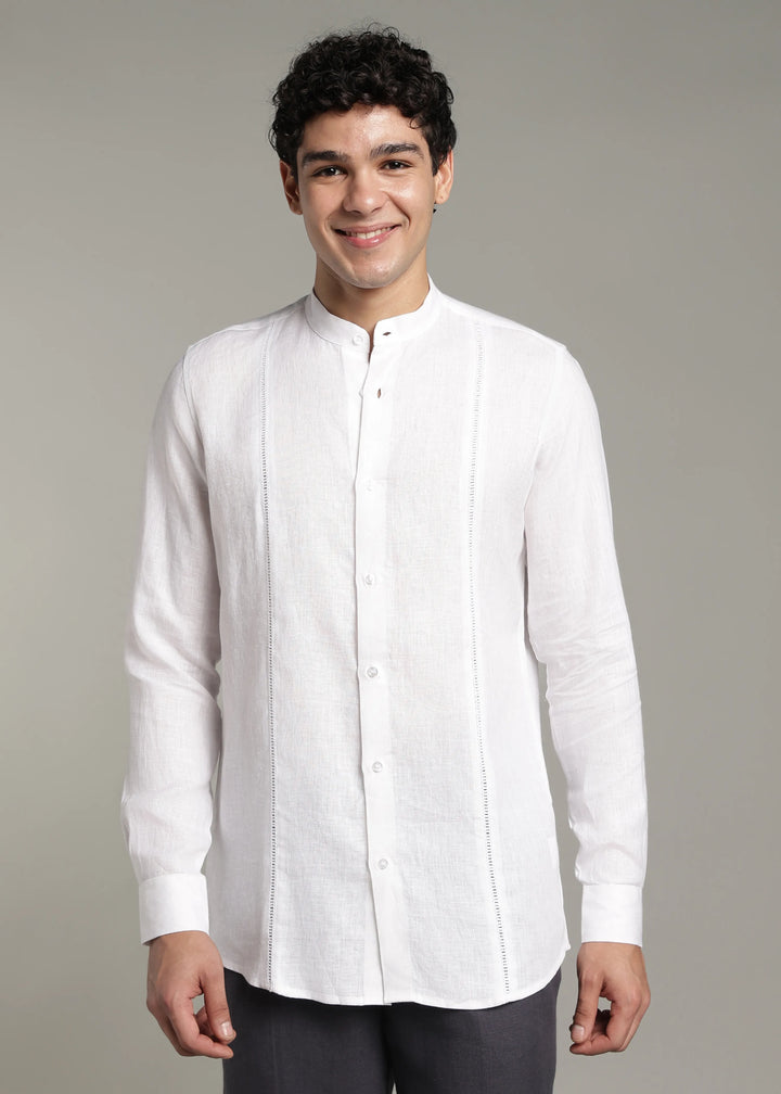 Zephr - Pure Linen Mandarin Collar Lace Detail Full Sleeve Shirt - White