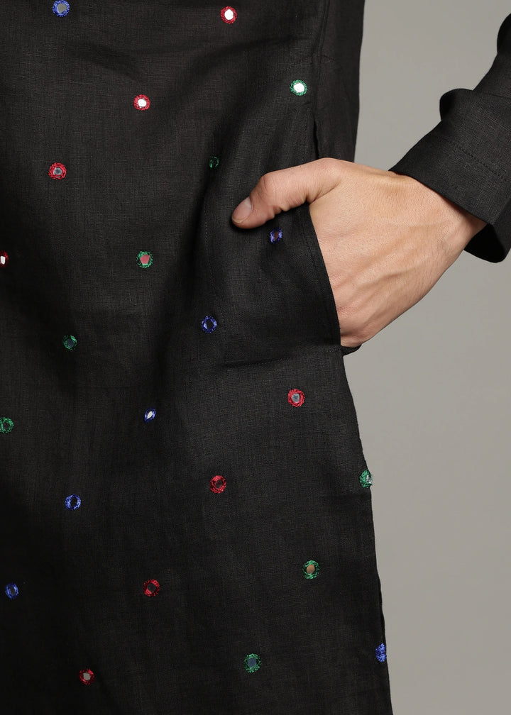 Aaina - Pure Linen Mirror Embroidered Regular Kurta - Black