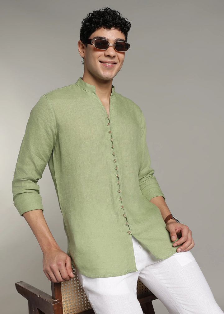 Yue - Pure Linen V Neck Full Sleeve Shirt - Peppermint Green