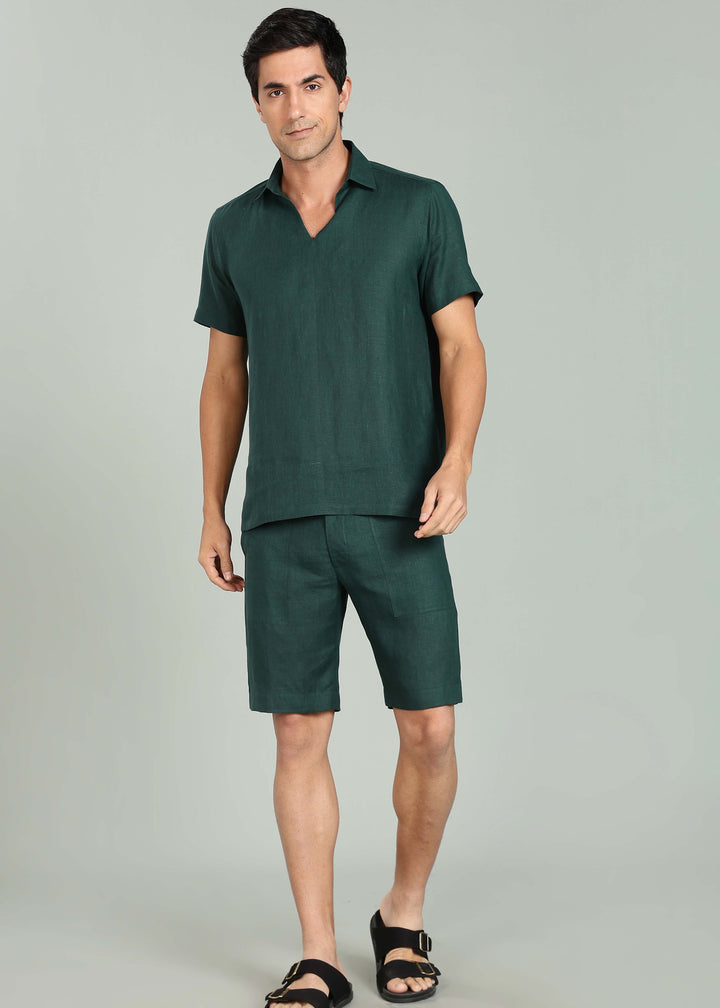 Noel Shorts - Pure Linen Shorts with Patch Pocket - Dark Pine Green