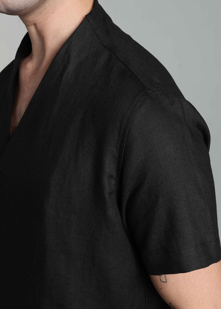 Void - Pure Linen Collarless Half Sleeve Shirt – Black