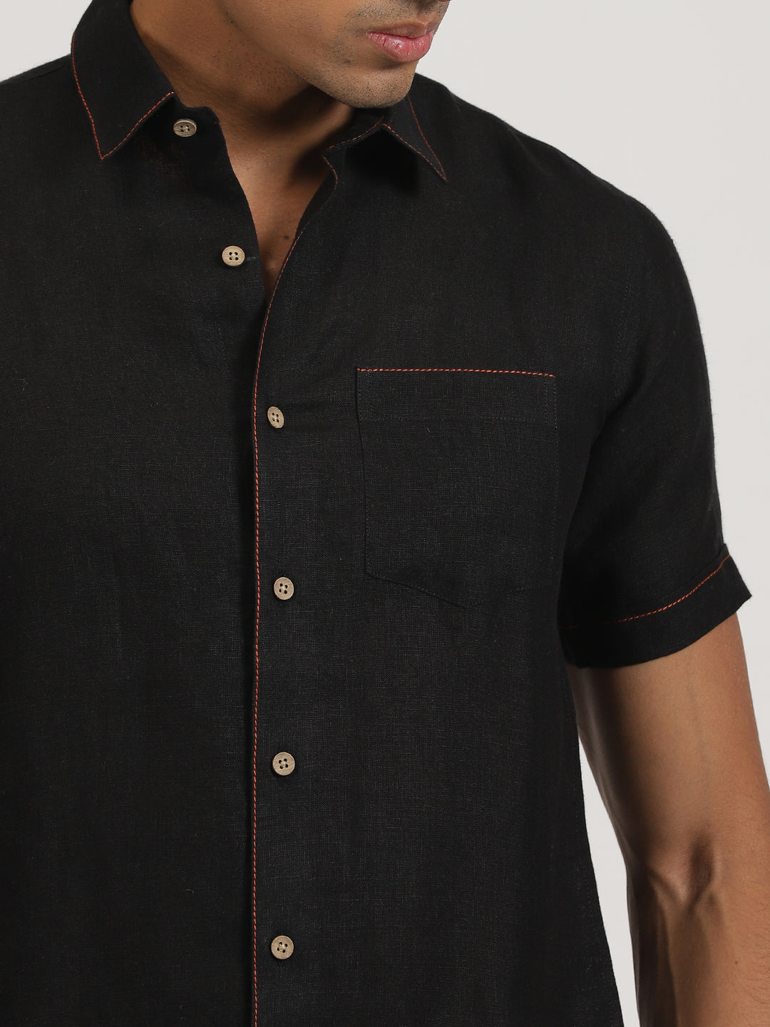 Peter - Pure Linen Stitch Detailed Half Sleeve Shirt - Black