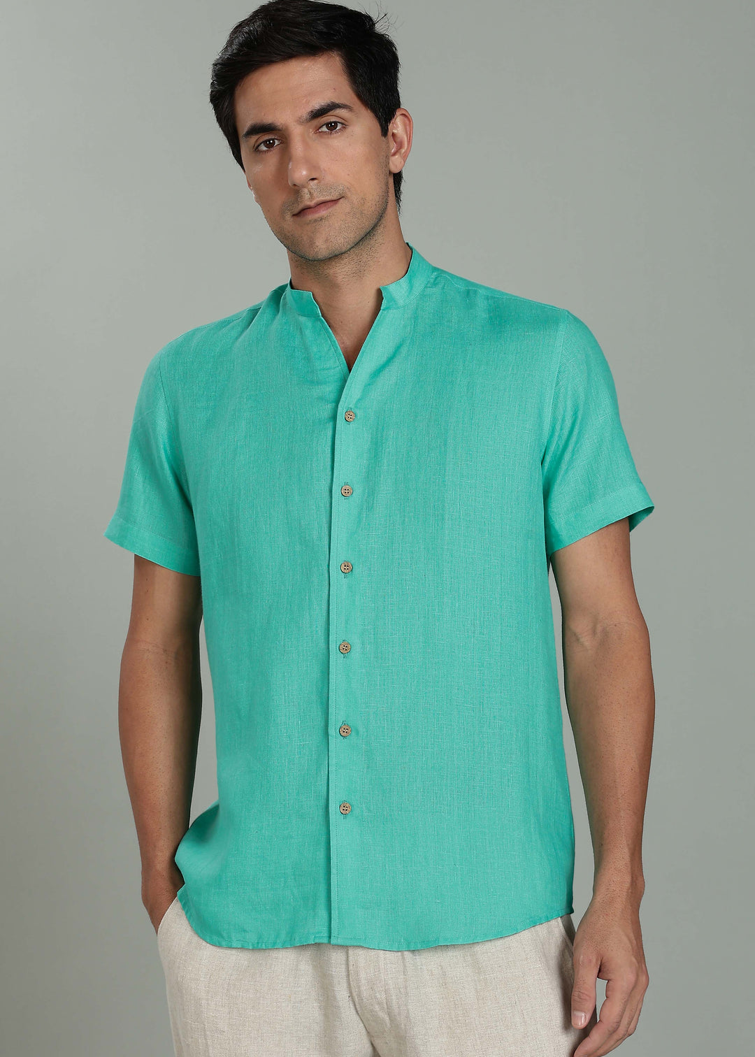 Craig - Pure Linen V Neck Short Sleeve Shirt - Spearmint Green