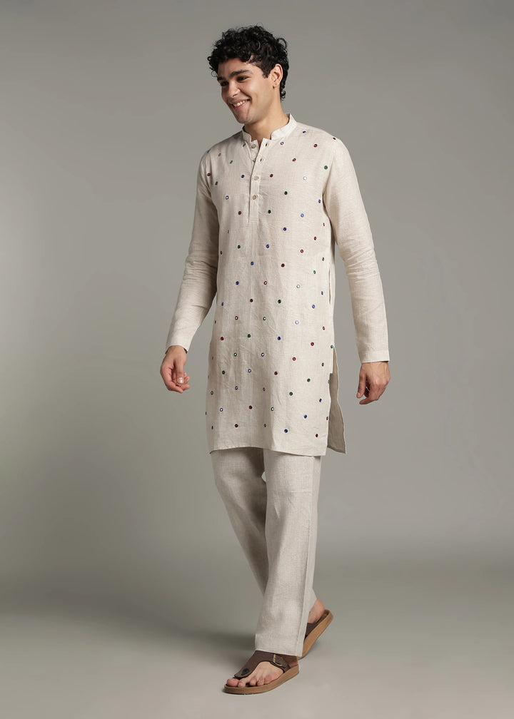 Aaina - Pure Linen Mirror Embroidered Regular Kurta - Ecru