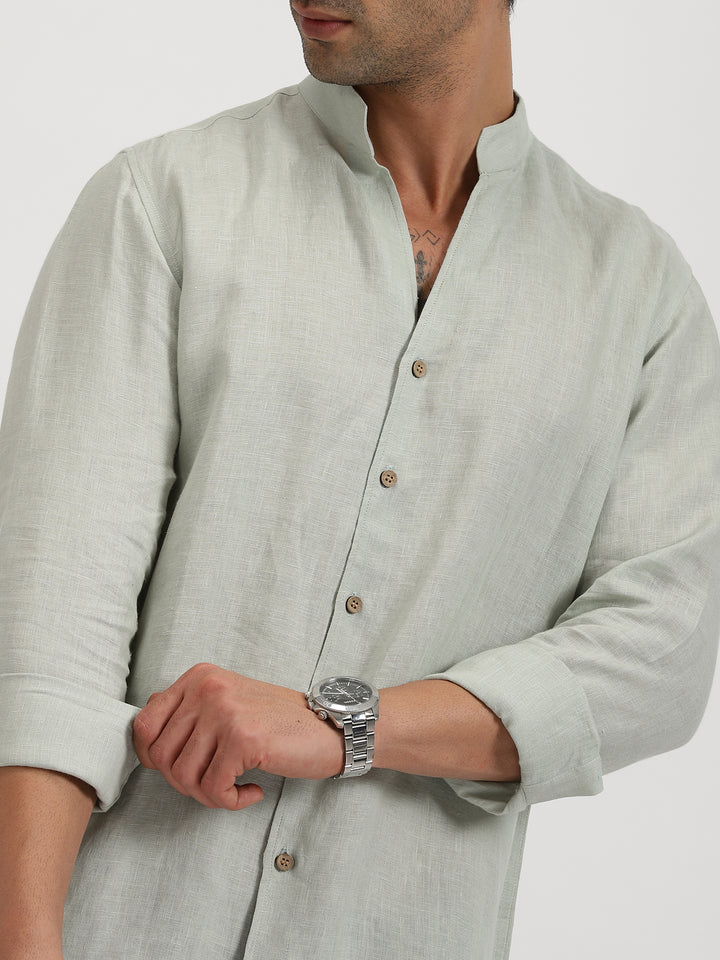 Craig - Pure Linen V Neck Full Sleeve Shirt - Meadow Green