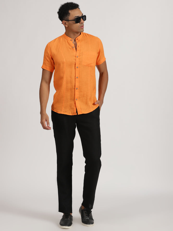 Trevor - Pure Linen Mandarin Collar Half Sleeve Shirt - Beer Orange