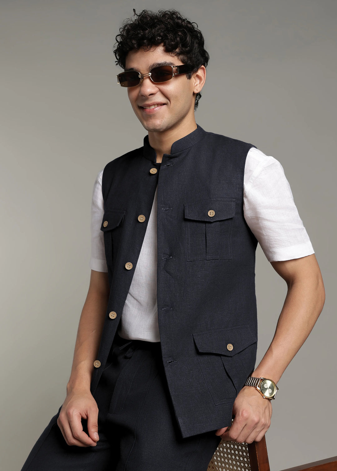 Safar - Multi Pocket Pure Linen Nehru Jacket - Regal Blue