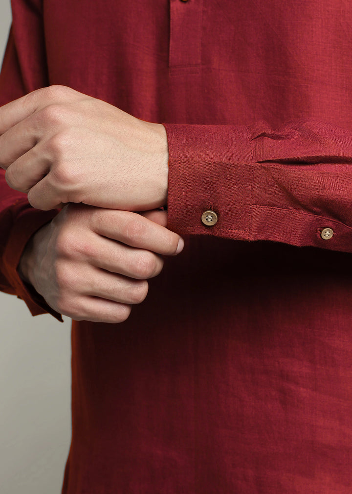 Saif - Pure Linen Full Sleeve Short Kurta with Hem Stitch Detail - Red Wine