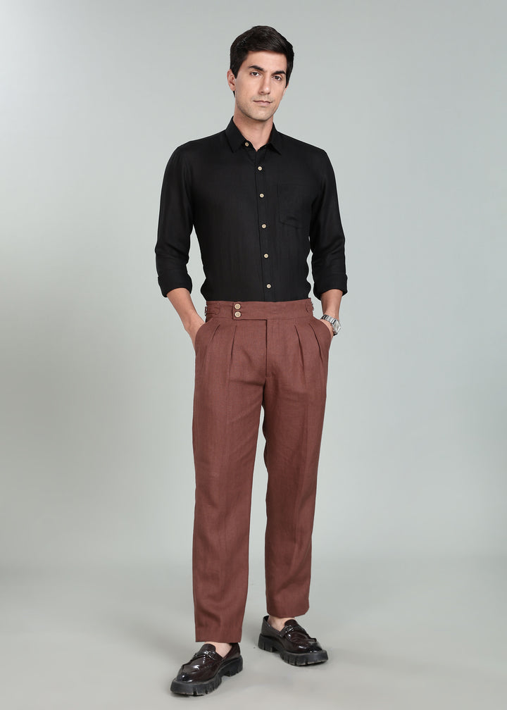 Wes Pants - Pure Linen Pleated Trousers with Adjustable Waistband - Amber Brown