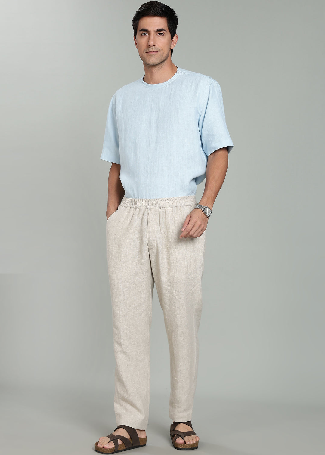 Ivo -  Pure Linen Casual Relaxed Elastic Pants - Ecru