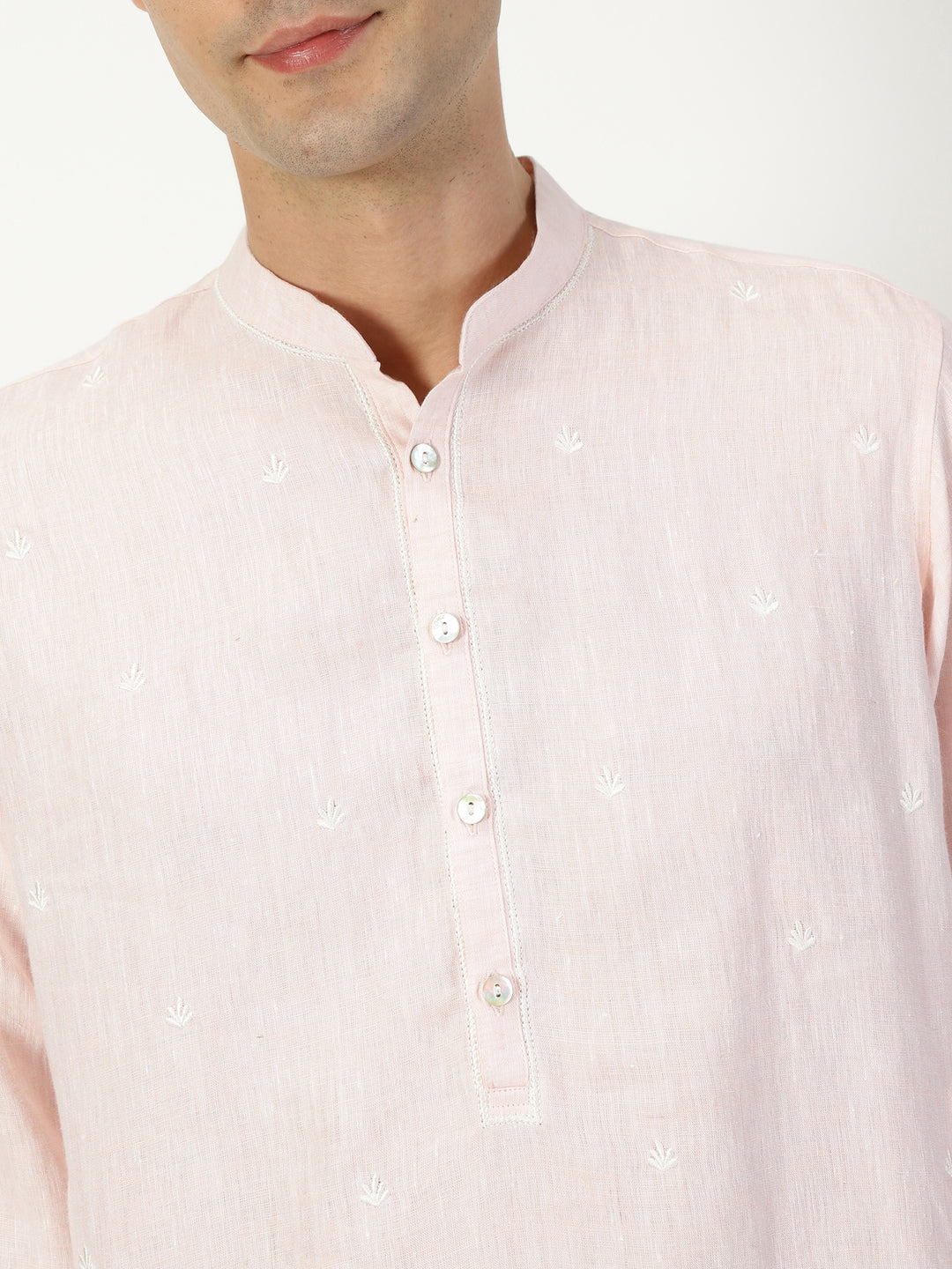 Ved Kurta Sets - Embroidered Pure Linen Short Kurta | Light Pink