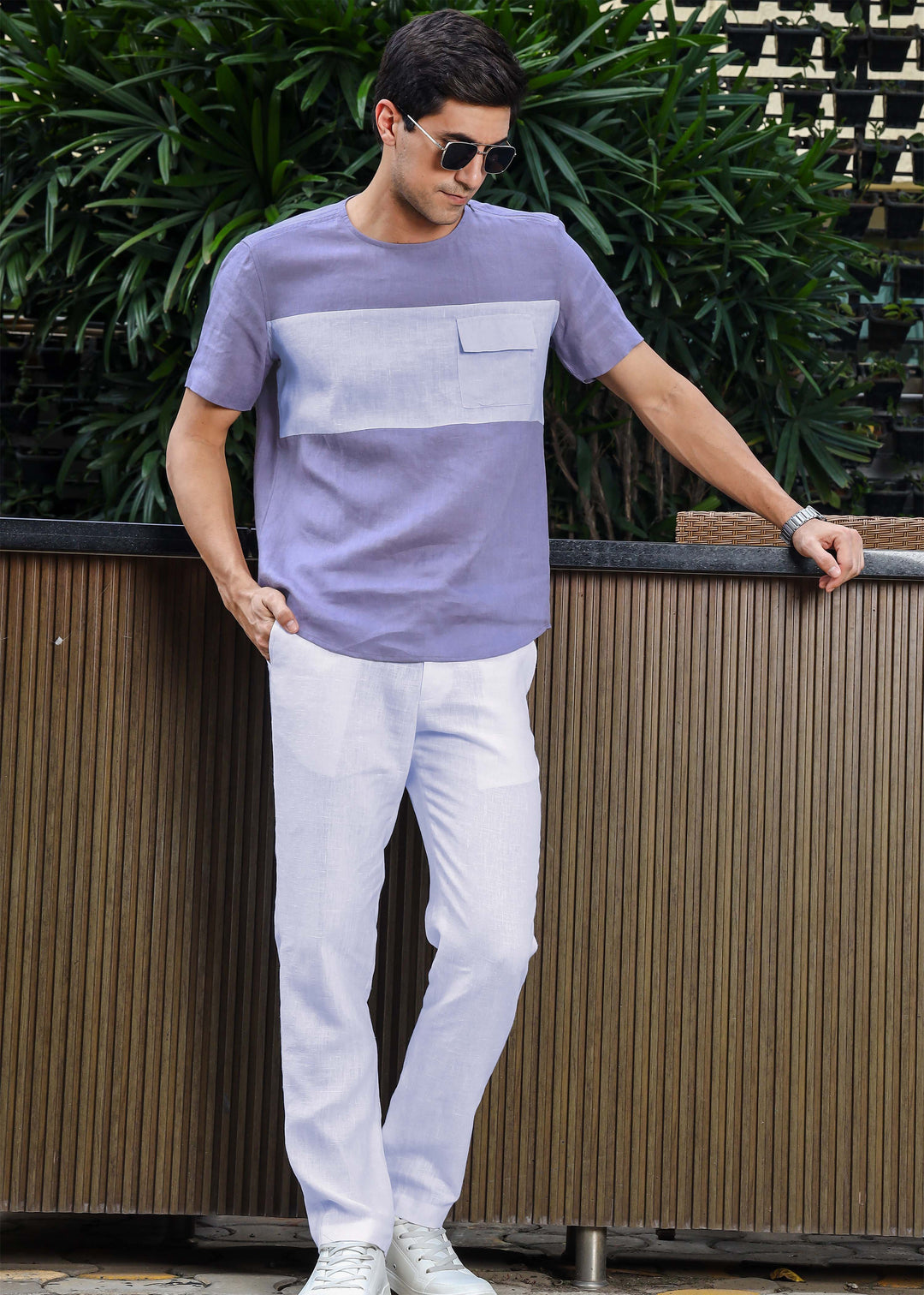 Zach - Double Colour Block Linen Short Sleeve T-Shirt - Lavender Violet & Periwinkle Blue