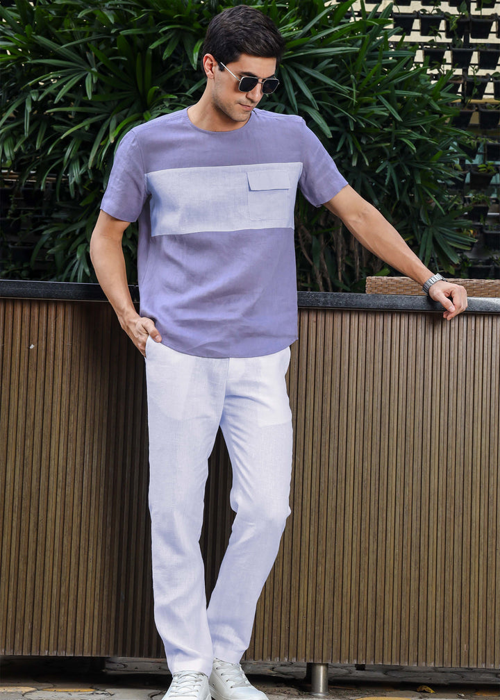 Zach - Double Colour Block Linen Short Sleeve T-Shirt - Lavender Violet & Periwinkle Blue