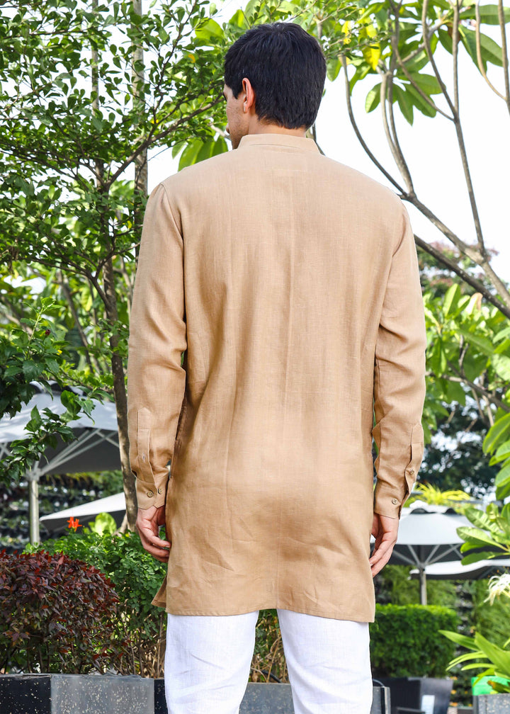 Parker - Full Sleeve Mandarin Collar Pure Linen Kurta - Oakwood Brown