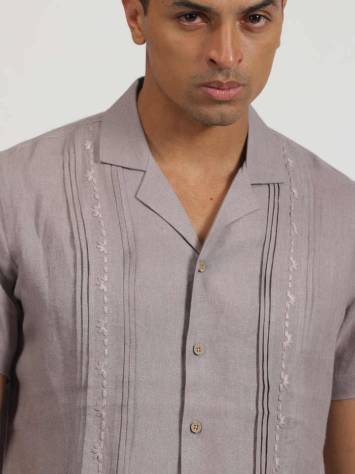 Cal - Pure Linen Hand Embroidered Half Sleeve Shirt - Cement Grey