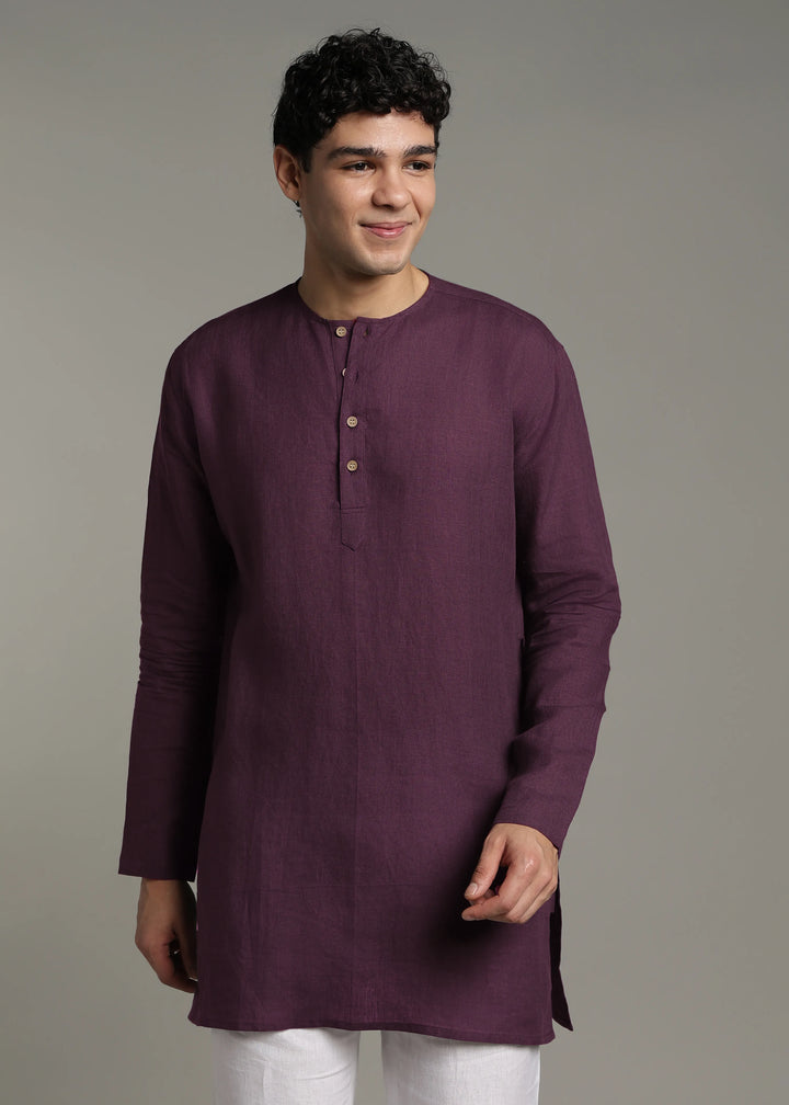 Zouq - Full Sleeve Collarless Pure Linen Mid Kurta  - Dark Purple