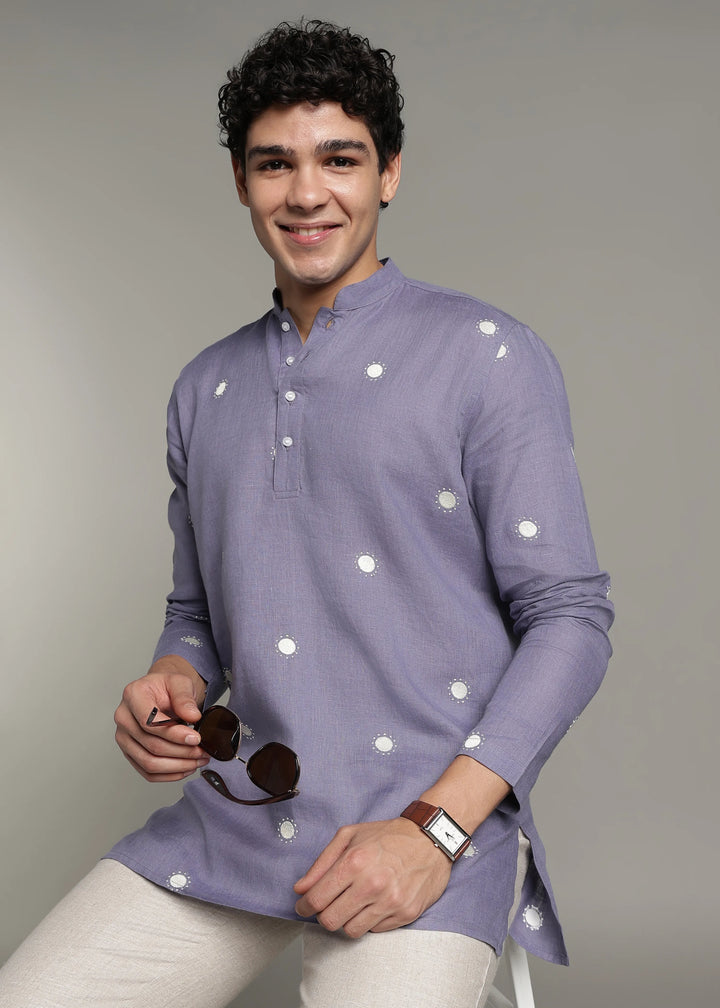 Dot - Pure Linen Embroidered Full Sleeve Short Kurta - Lavender Violet