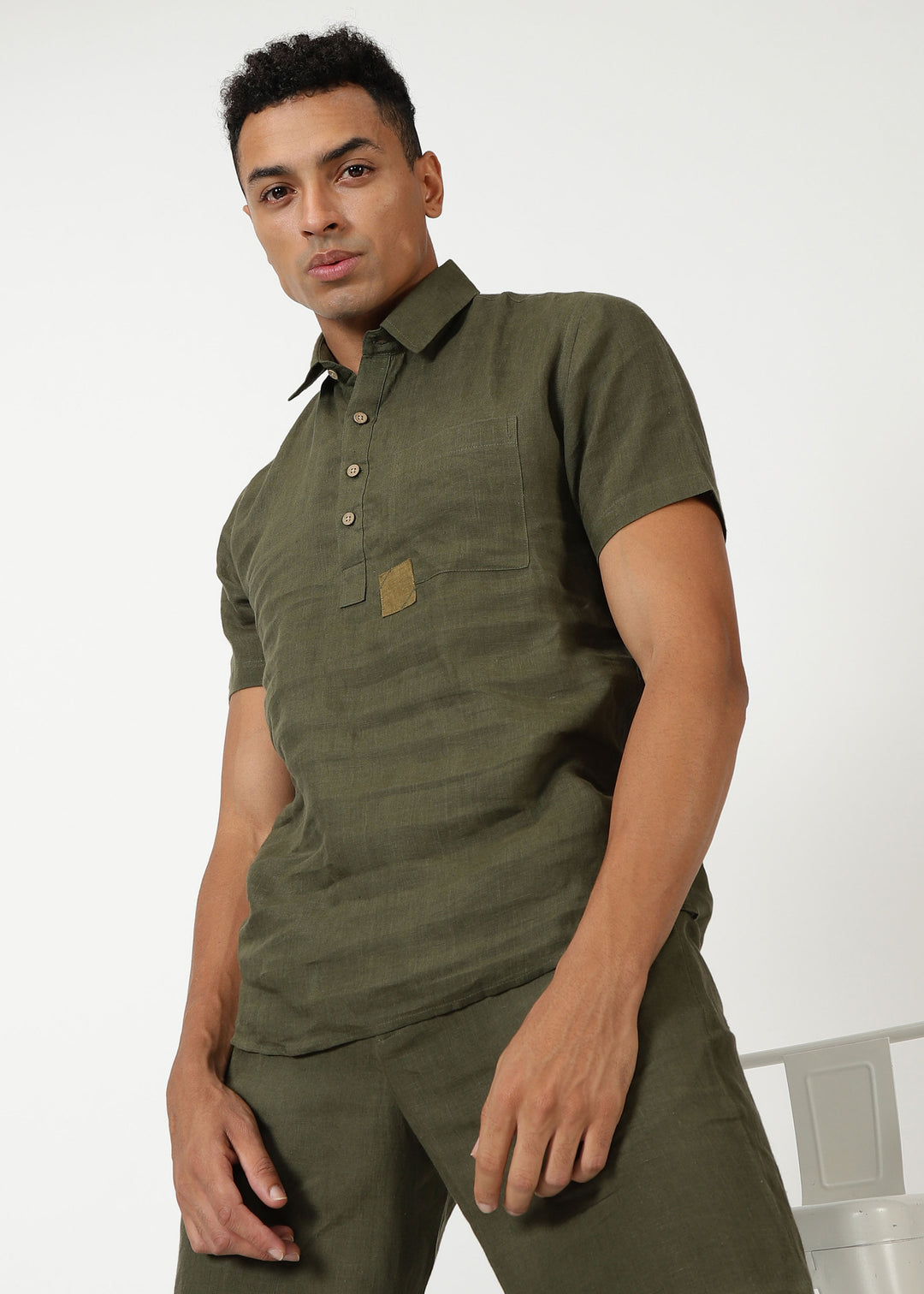 Matteo Pure Linen T-Shirt & Shorts Co-ord Set | Moss Green