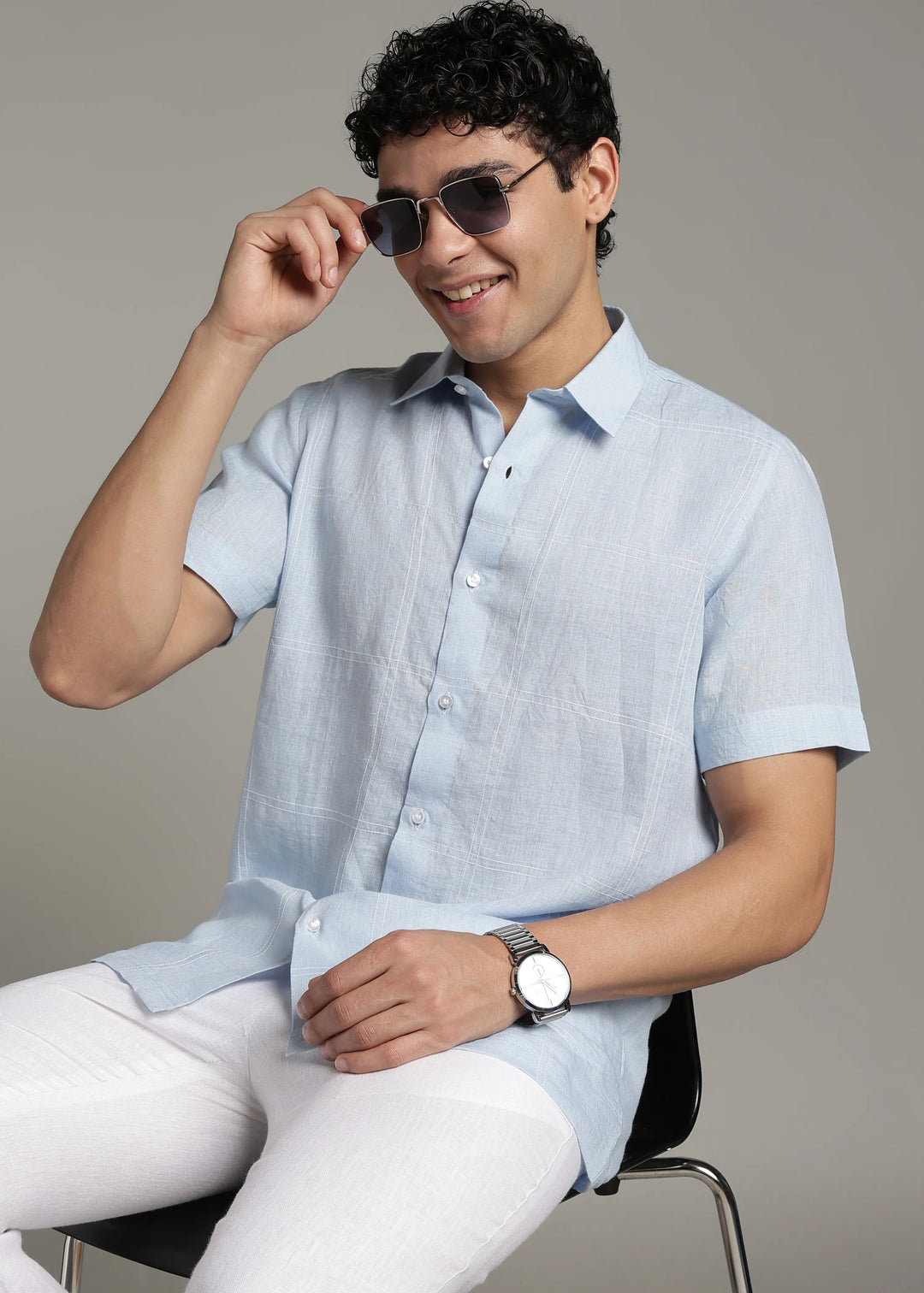 Mitch - Pure Linen Half Sleeve Stitch Detailed Checks Shirt - Sky Blue