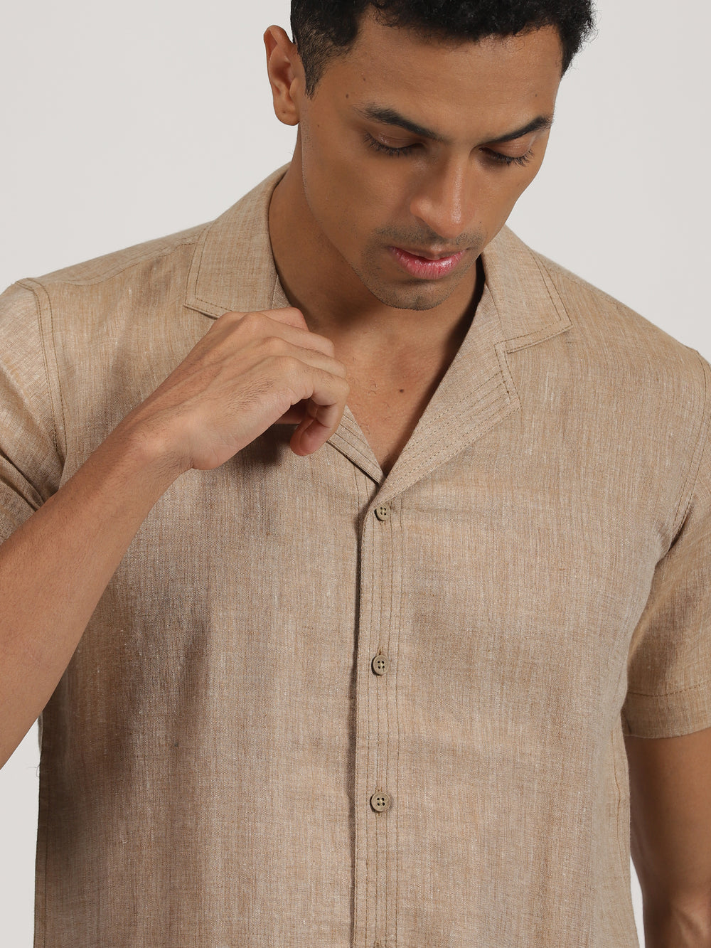 Earl - Pure Linen Half Sleeve Shirt With Stitch Details - Mocha