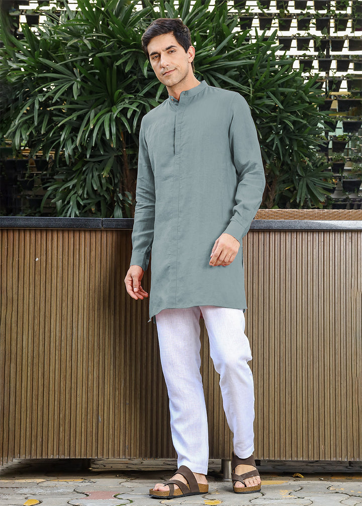 Sid Kurta - Pure Linen Kurta with Concealed Placket - Mineral Grey