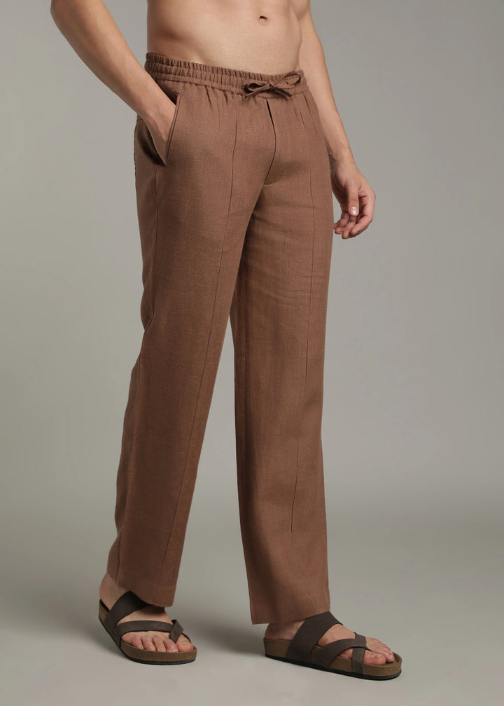 Art Pants - Pure Linen Elastic Casual Pants with Drawstrings - Walnut Brown