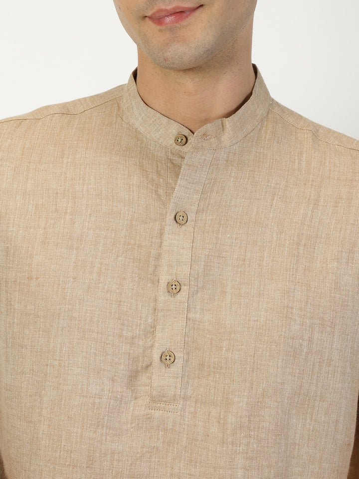 Ashok - Half Sleeve Mandarin Collar Pure Linen Short Kurta - Mocha