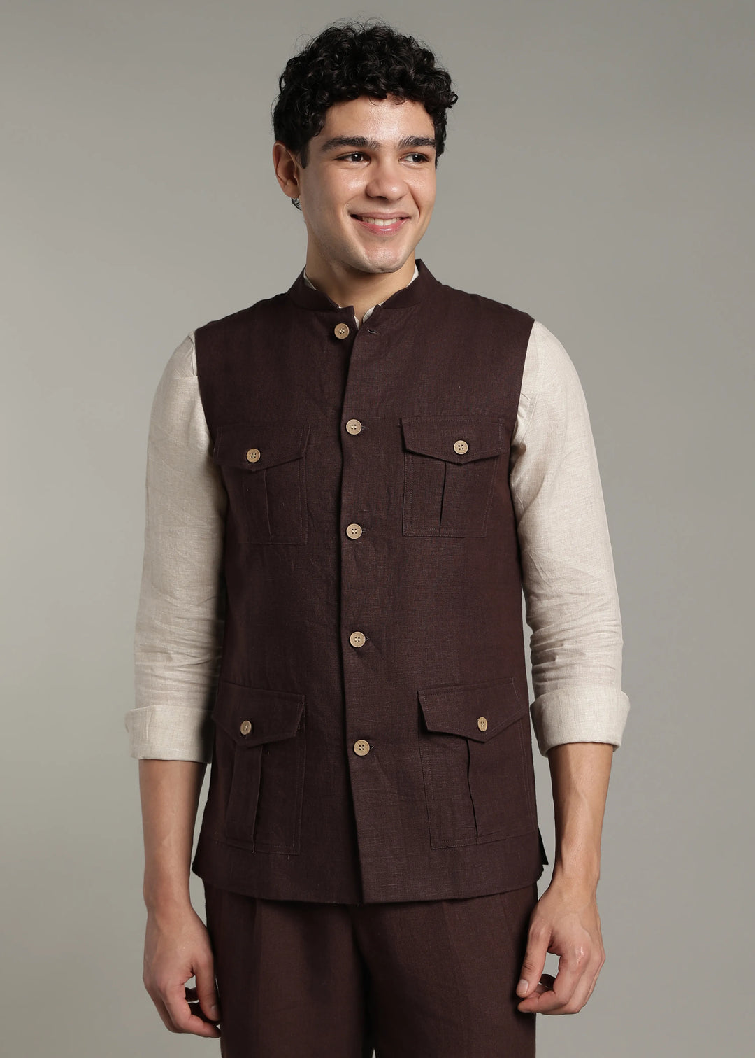 Safar - Multi Pocket Pure Linen Nehru Jacket - Cocoa Brown