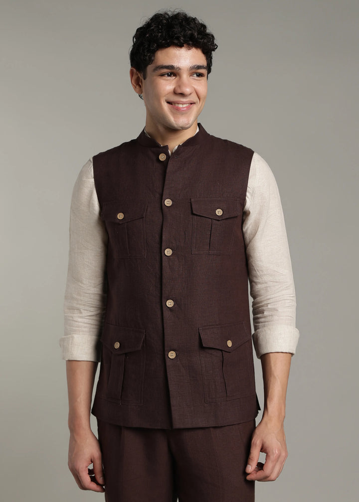 Safar - Multi Pocket Pure Linen Nehru Jacket - Cocoa Brown