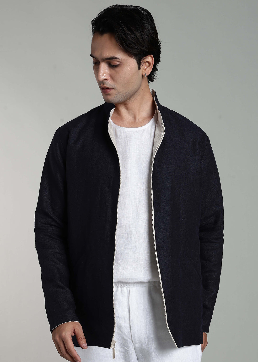 Flux - Pure Linen Reversible Jacket - Ecru and Regal Blue