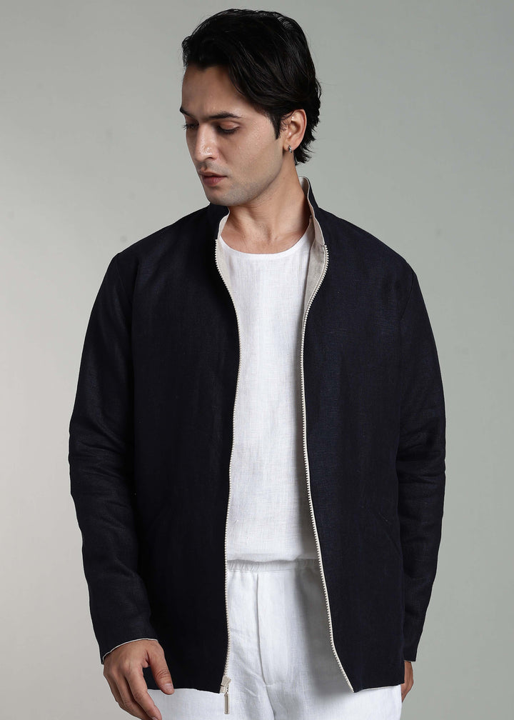 Flux - Pure Linen Reversible Jacket - Ecru and Regal Blue